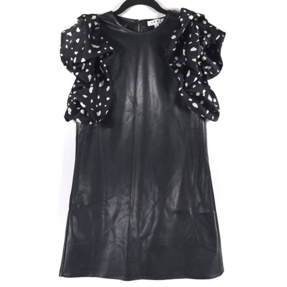 THML Lucia Mini Dress Faux Leather Polka Dot Ruffle Sleeves THS1220-1-BK SMALL